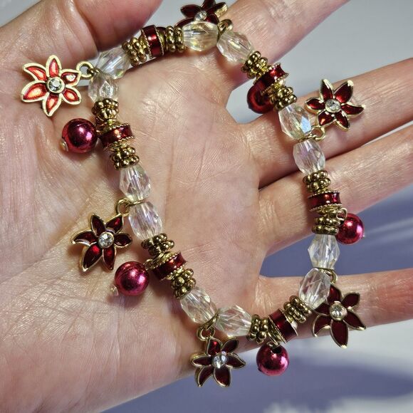 Christmas Gold Tone Red Poinsettia Red Balls Stretch Bracelet Glass Beads 7.5" - Picture 1 of 15